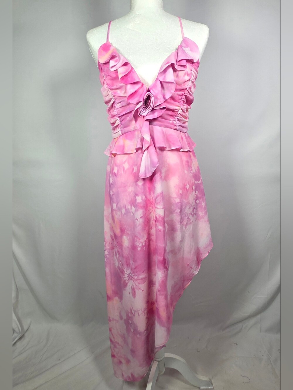 Tularosa Pink Tie Dye Ruffle High Low Midi Dress Strappy L